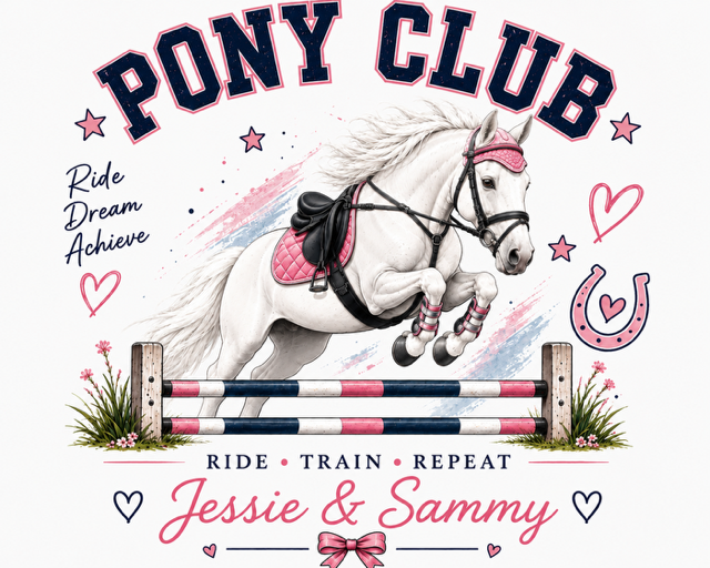 Personalised Pony Club T-Shirt - Ride🩷Train🩷Repeat - Girls Horse Riding, Pony Club & Equestrian Gift