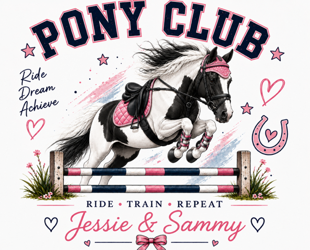 Personalised Pony Club T-Shirt - Ride🩷Train🩷Repeat - Girls Horse Riding, Pony Club & Equestrian Gift