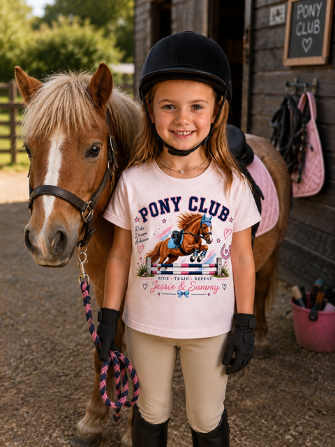 Personalised Pony Club T-Shirt - Ride🩷Train🩷Repeat - Girls Horse Riding, Pony Club & Equestrian Gift