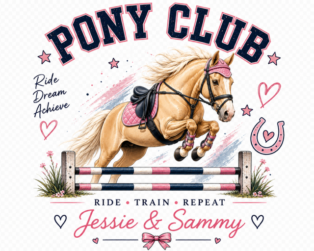 Personalised Pony Club T-Shirt - Ride🩷Train🩷Repeat - Girls Horse Riding, Pony Club & Equestrian Gift