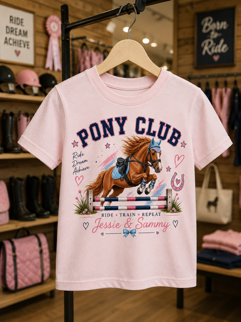 Personalised Pony Club T-Shirt - Ride🩷Train🩷Repeat - Girls Horse Riding, Pony Club & Equestrian Gift